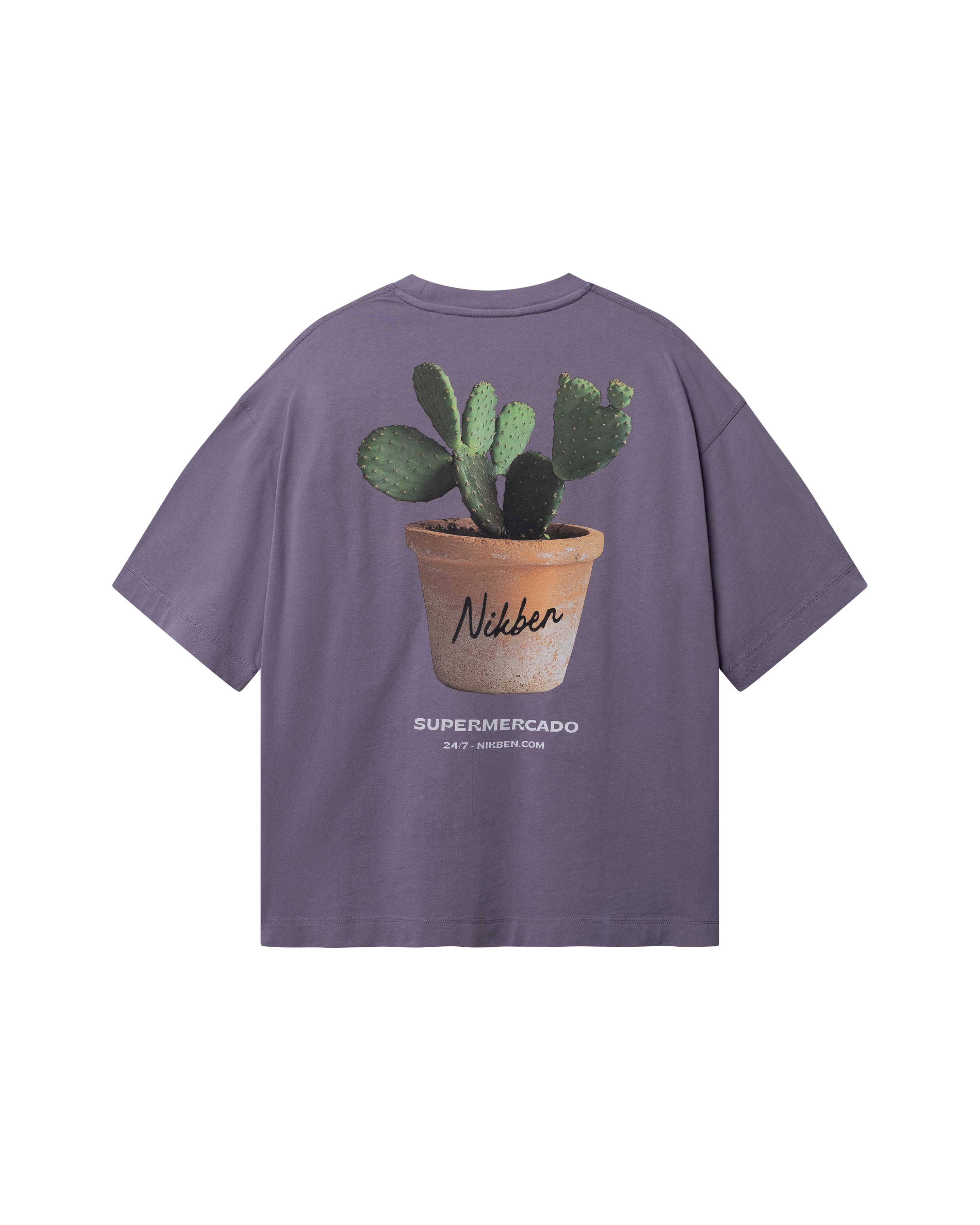 Purple T-shirt with realistic cactus print on the back