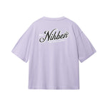Back of light purple T-shirt with black and white Nikben logo print