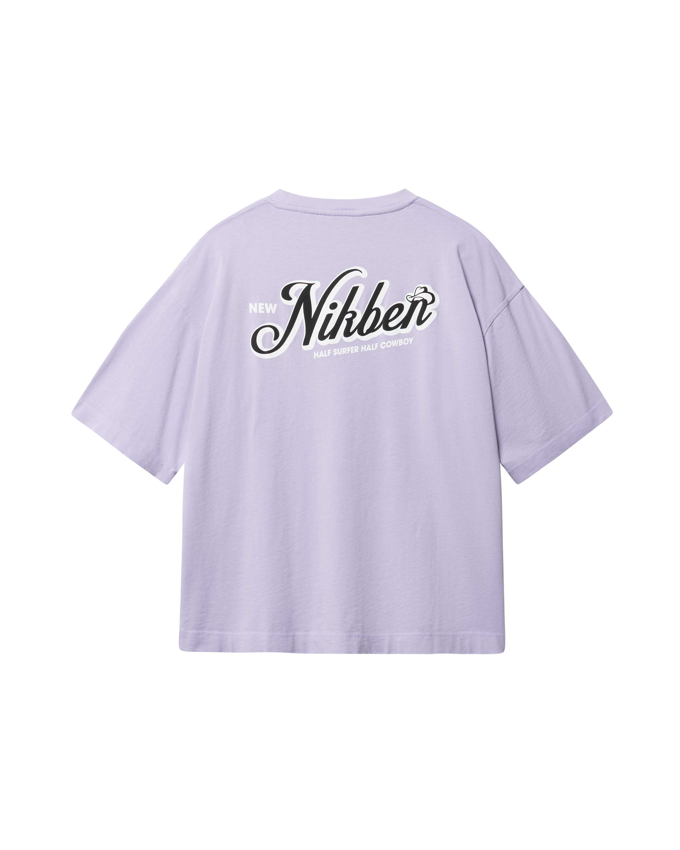 Back of light purple T-shirt with black and white Nikben logo print