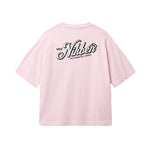 Back of light pink T-shirt with black and white Nikben logo print