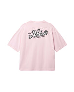 Back of light pink T-shirt with black and white Nikben logo print
