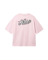 Back of light pink T-shirt with black and white Nikben logo print