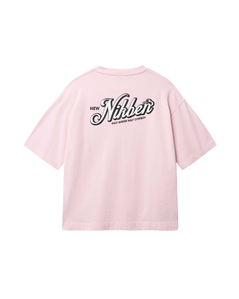 Back of light pink T-shirt with black and white Nikben logo print