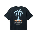 Black T-shirt with "NIKBEN HERMANOS" text and blue and orange palm print on the back 