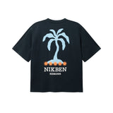 Black T-shirt with "NIKBEN HERMANOS" text and blue and orange palm print on the back 