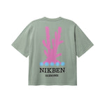 Grey T-shirt with "NIKBEN HERMANOS" text and pink and blue cactus print on the back 