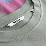 Closeup view of Nikben necklabel on grey T-shirt