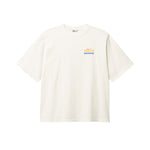 Cream colored T-shirt with yellow, blue and pink Nikben logo on the chest