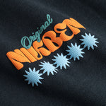Closeup view of multicolored Nikben logo on black T-shirt