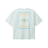 Pale blue T-shirt with multicolored print on the back