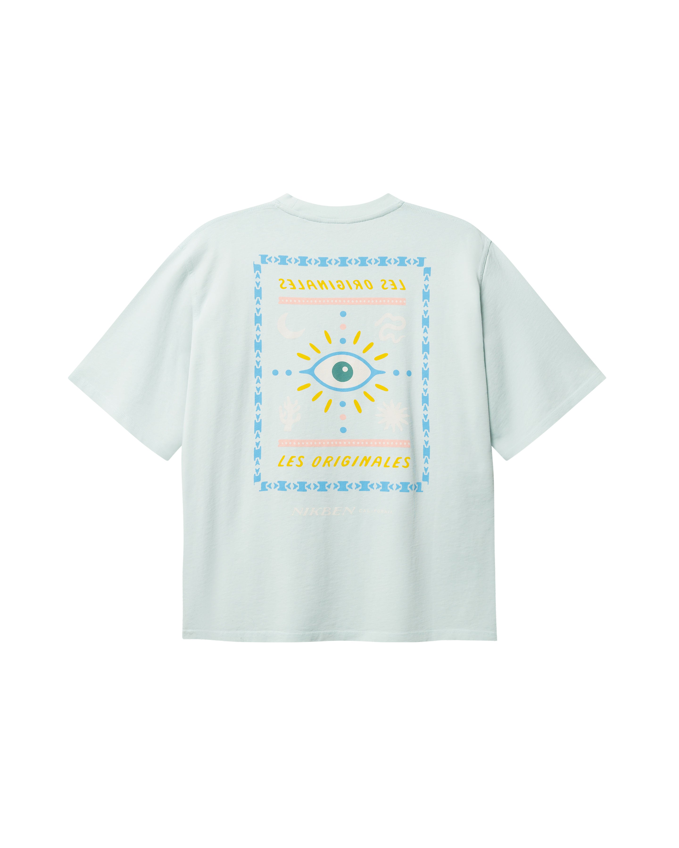 Pale blue T-shirt with multicolored print on the back