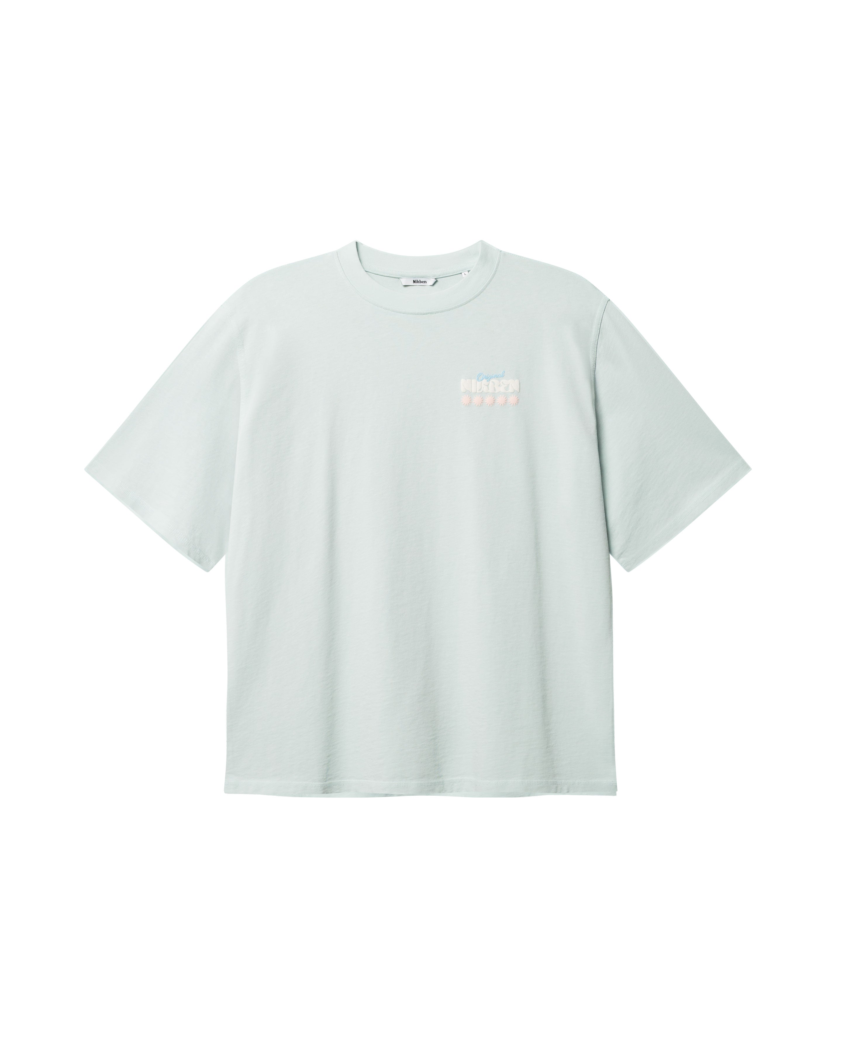 Pale blue T-shirt with multicolored Nikben logo on the chest