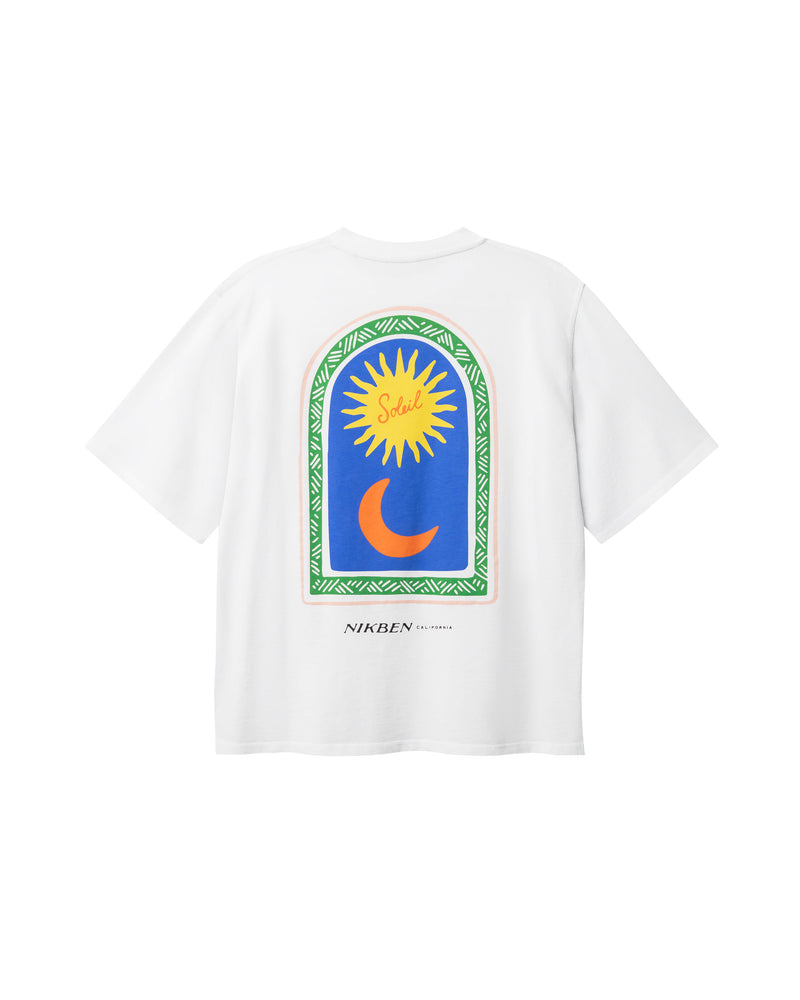 White T-shirt with "Nikben California" text and multicolored print on the back