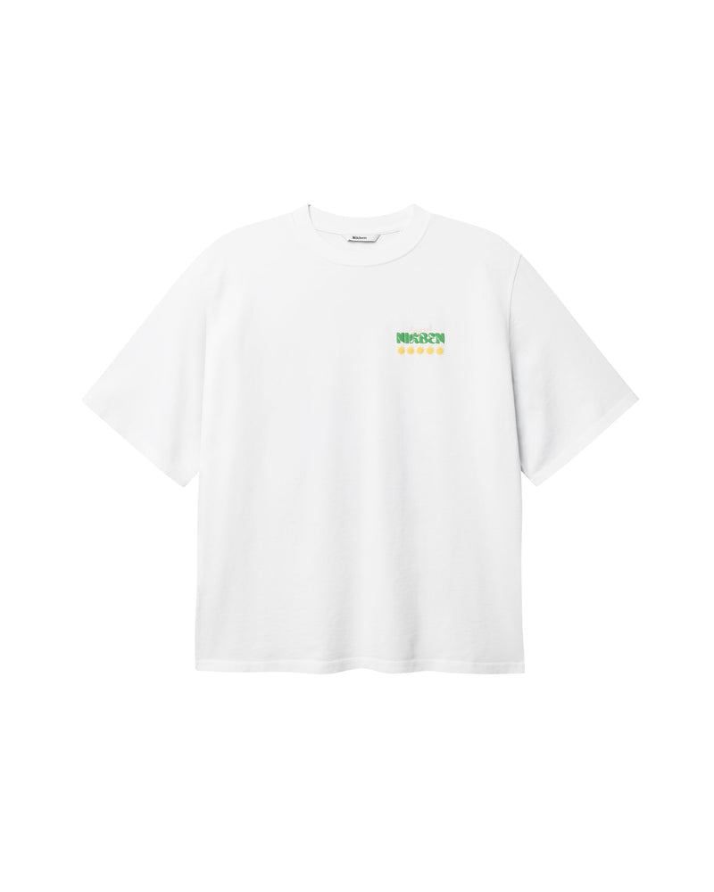 White T-shirt with multicolored Nikben logo on the chest