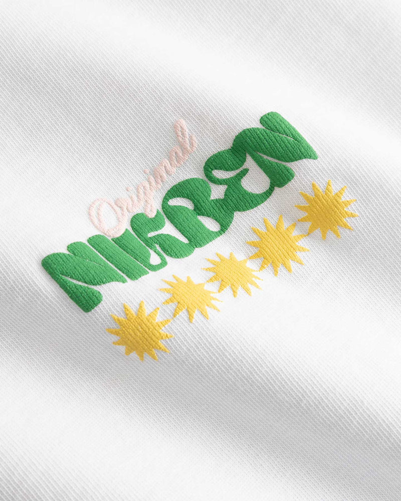 Closeup view of multicolored Nikben logo on white T-shirt