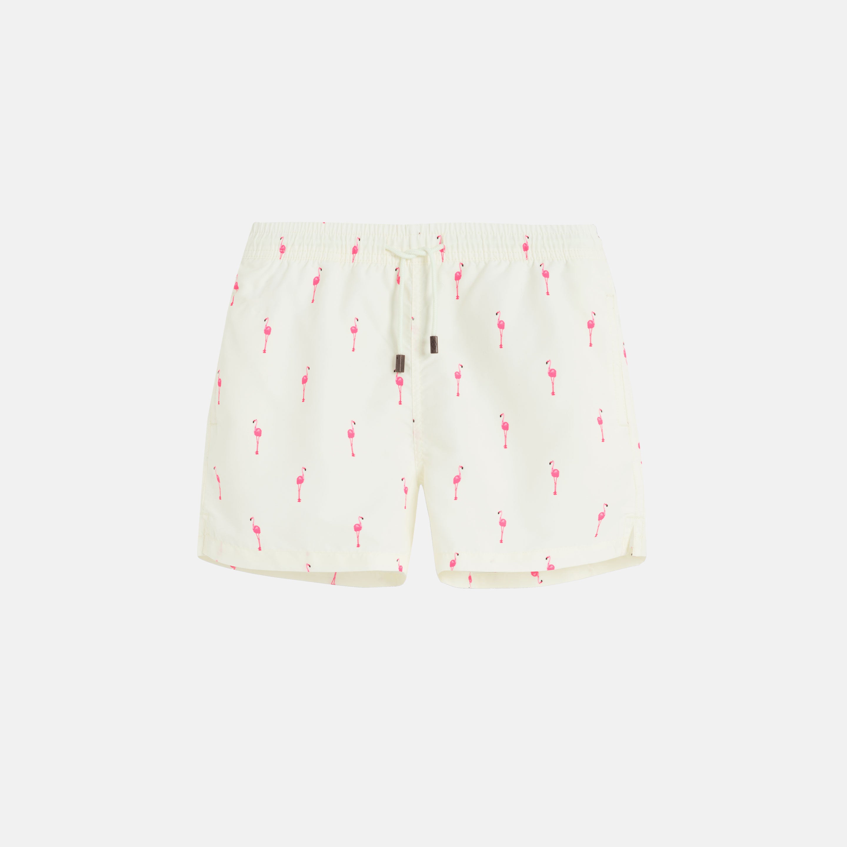 Yellow swim trunks with pink flamingos