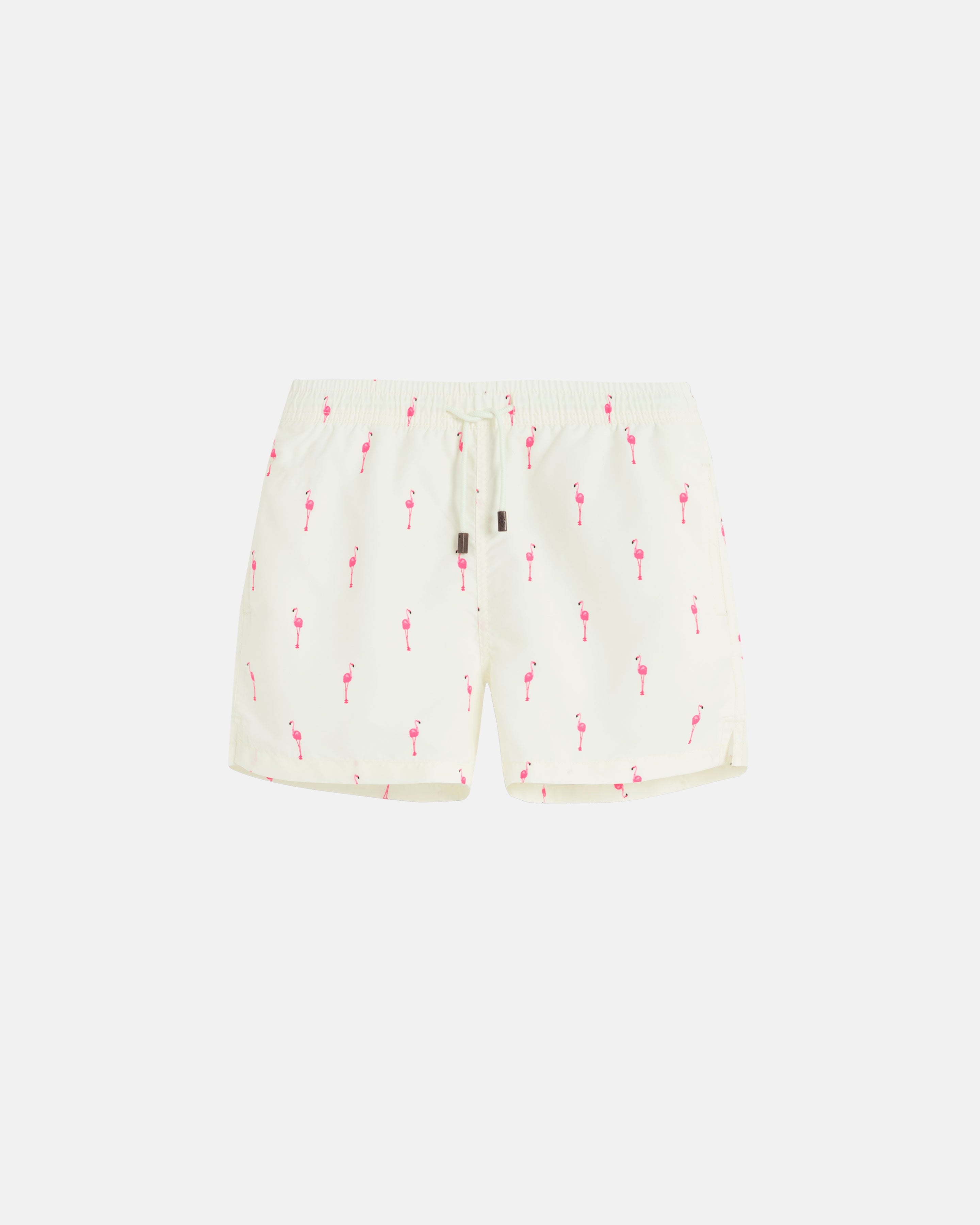 Yellow swim trunks with pink flamingos