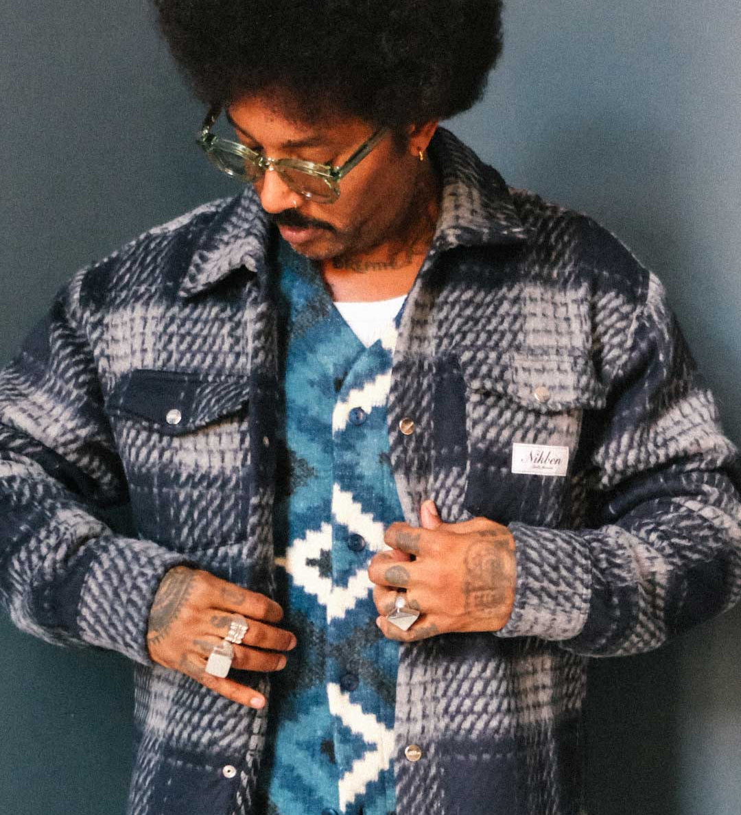 navy grey, checkered overshirt, open