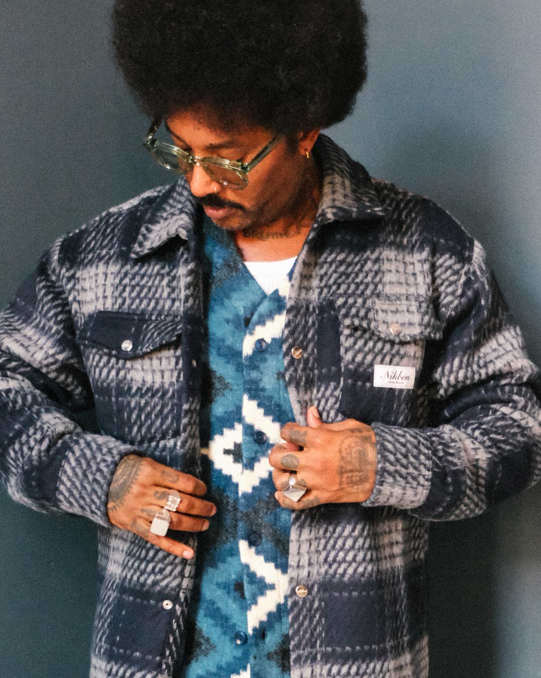 navy grey, checkered overshirt, open