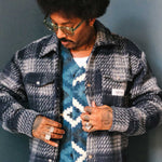 navy grey, checkered overshirt, open