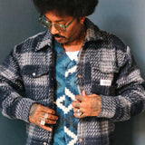 navy grey, checkered overshirt, open