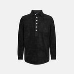 Black long sleeve shirt in terry toweling fabric with half button closure and one chest pocket