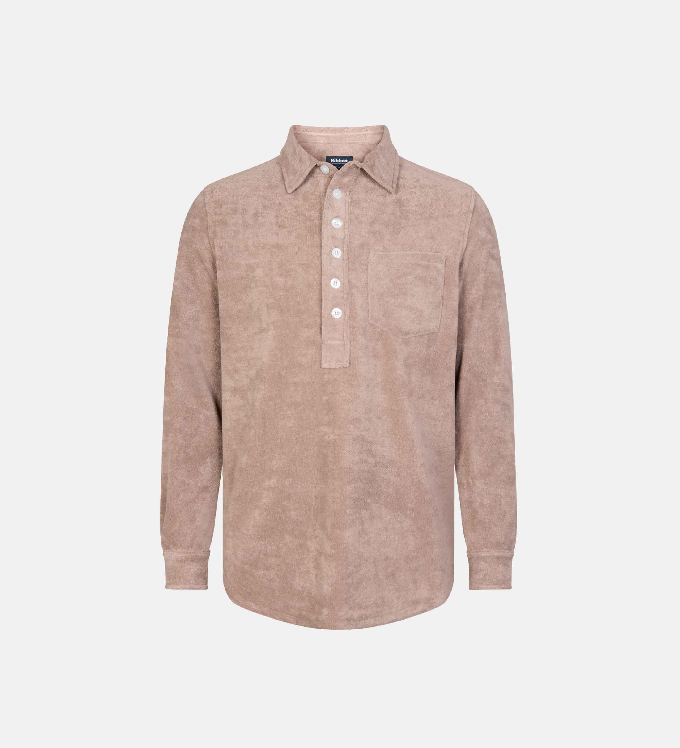 Light brown long sleeve shirt in terry toweling fabric with half button closure and one chest pocket