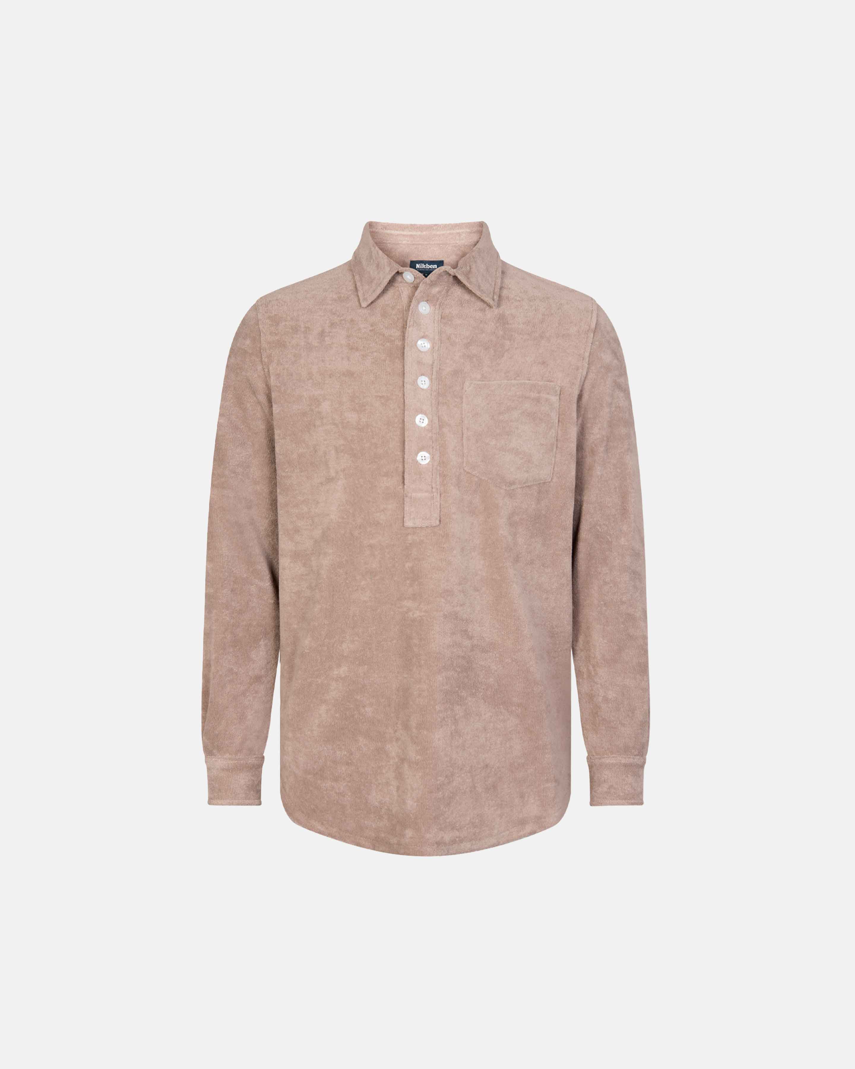 Light brown long sleeve shirt in terry toweling fabric with half button closure and one chest pocket