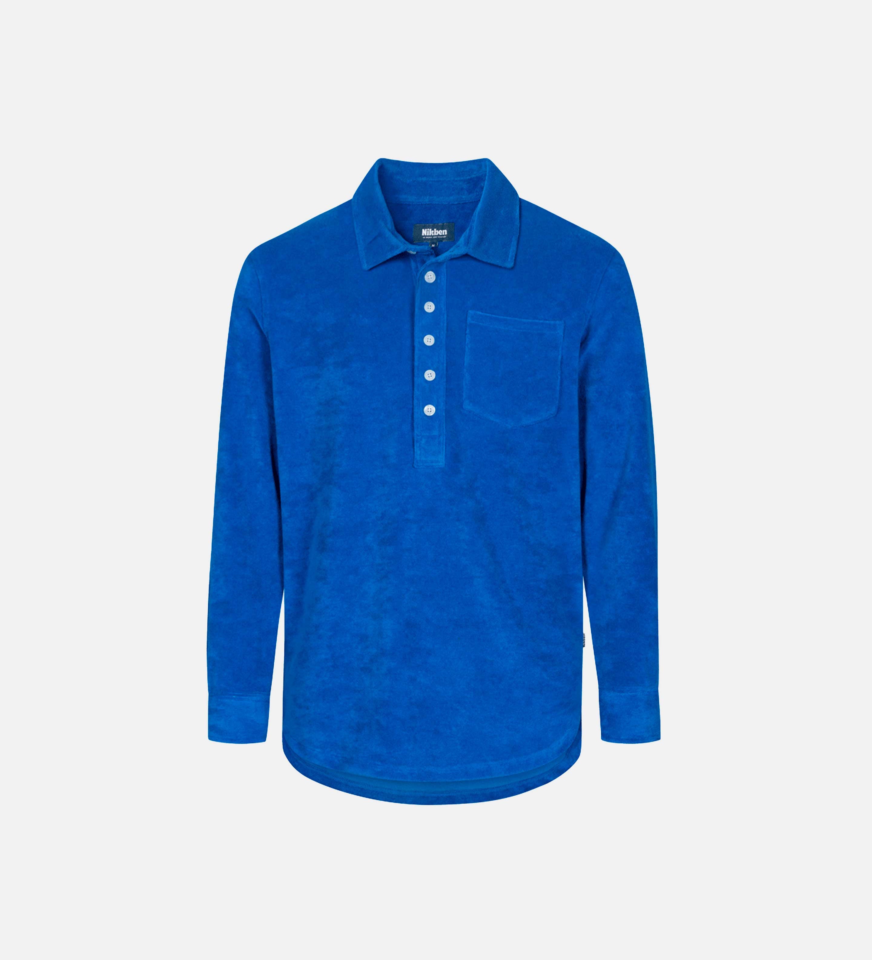 Blue long sleeve shirt in terry toweling fabric with half button closure and one chest pocket