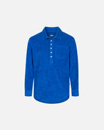 Blue long sleeve shirt in terry toweling fabric with half button closure and one chest pocket