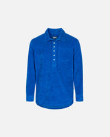 Blue long sleeve shirt in terry toweling fabric with half button closure and one chest pocket