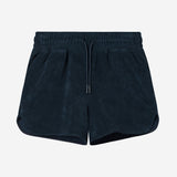 Navy colored low cut shorts in terry toweling fabric with drawstring and two side pockets.