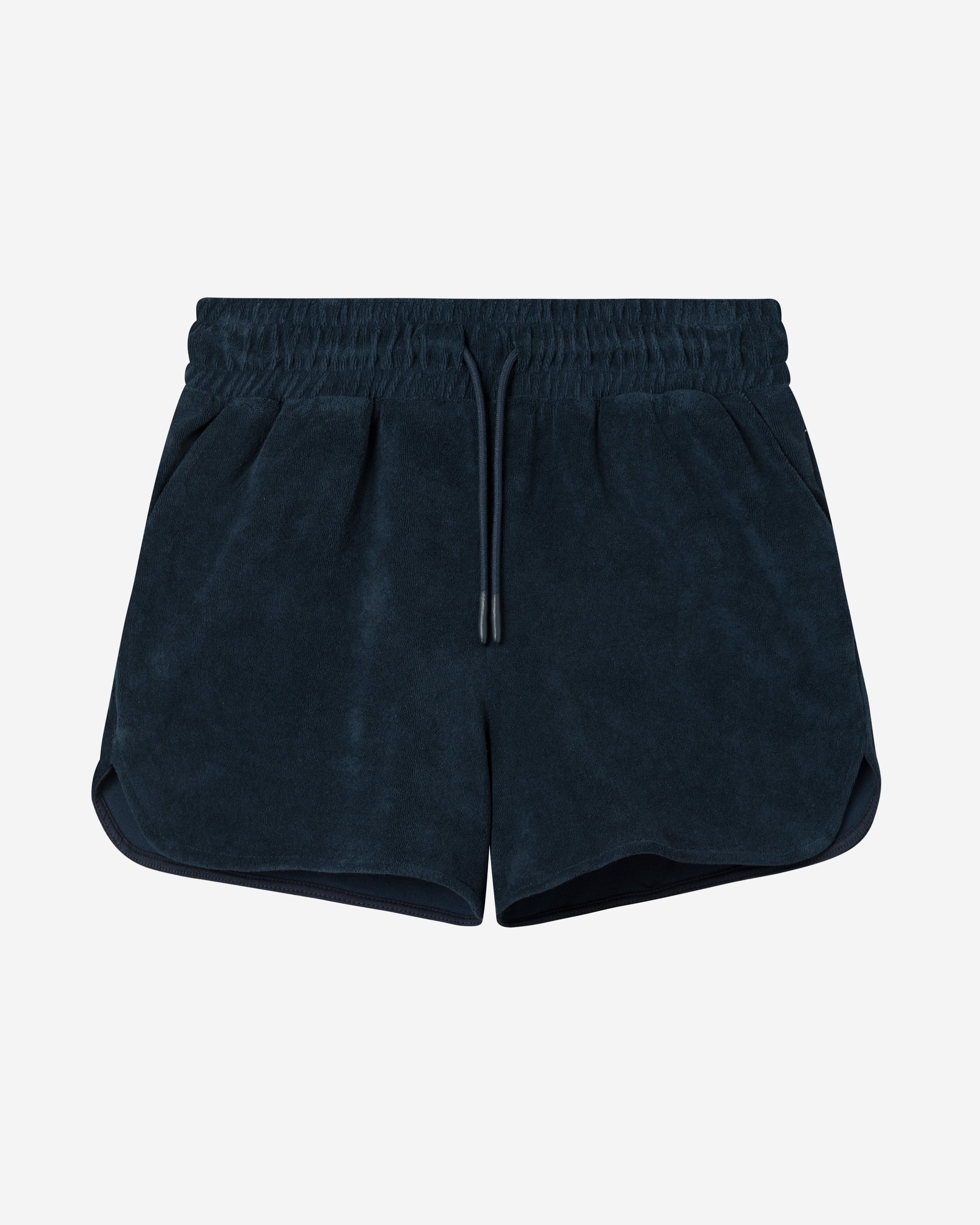 Navy colored low cut shorts in terry toweling fabric with drawstring and two side pockets.