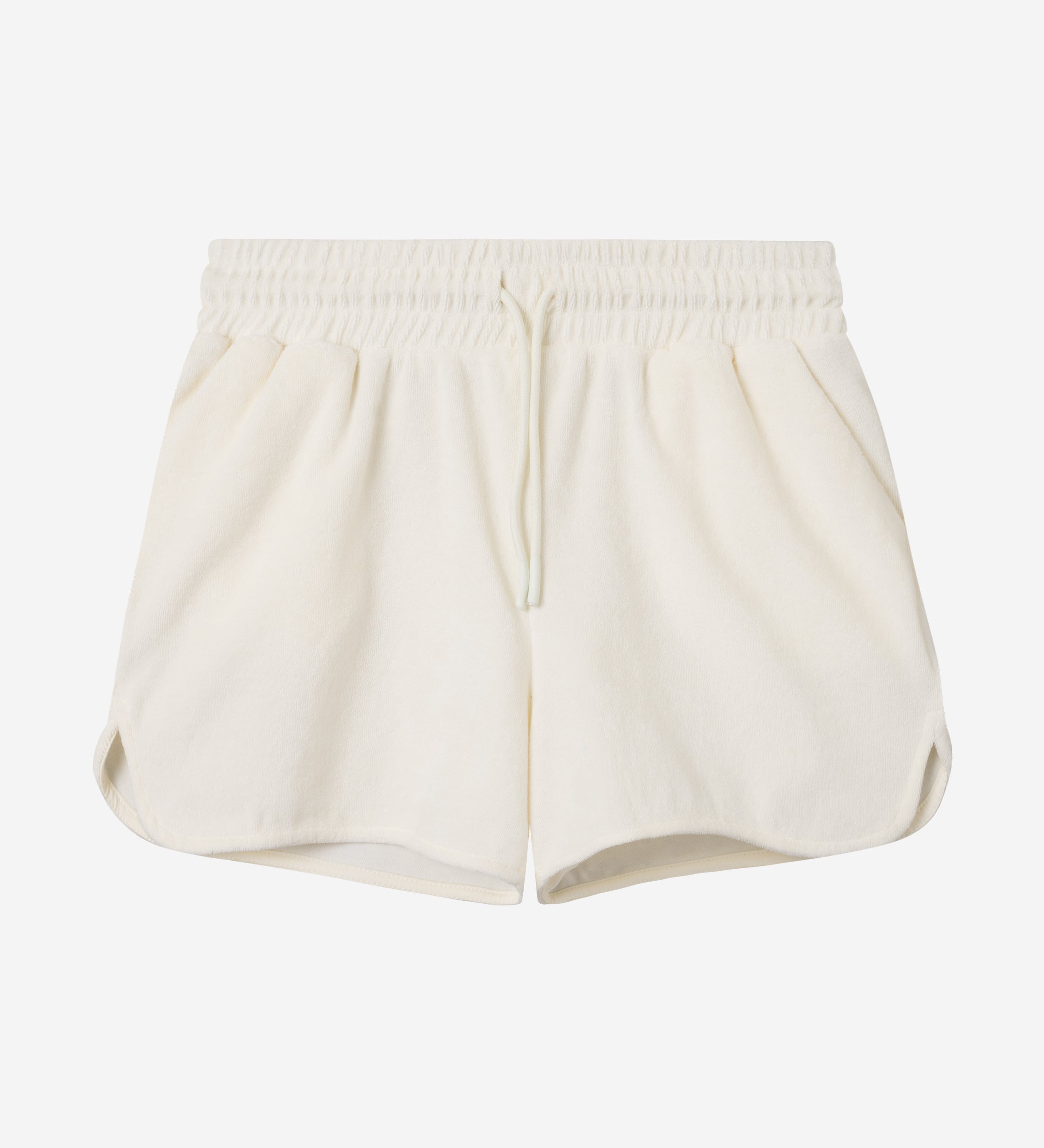 Off white low cut shorts in terry toweling fabric with drawstring and two side pockets.
