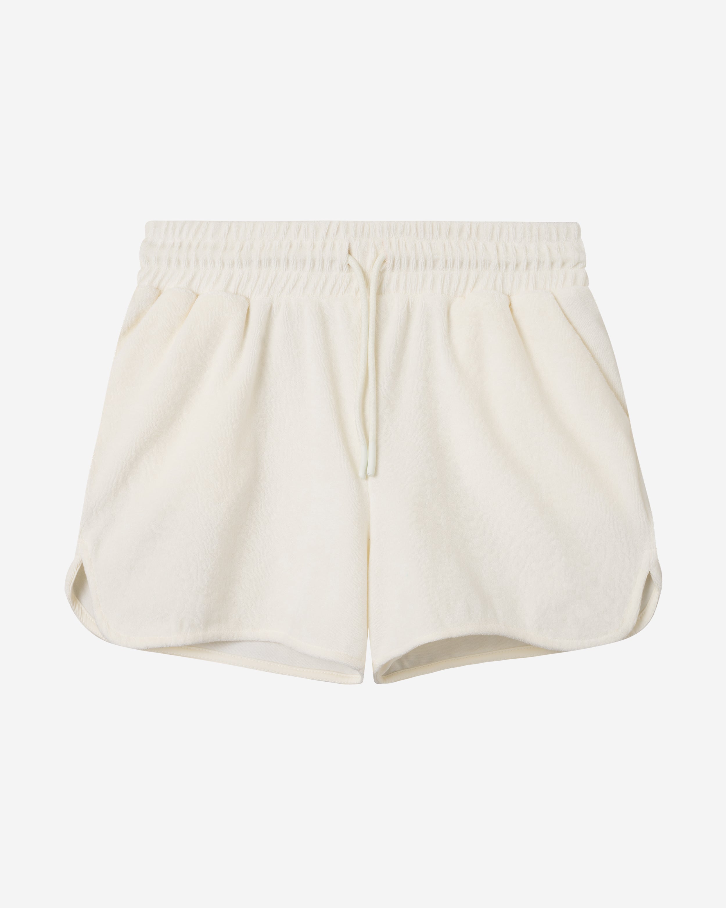 Off white low cut shorts in terry toweling fabric with drawstring and two side pockets.