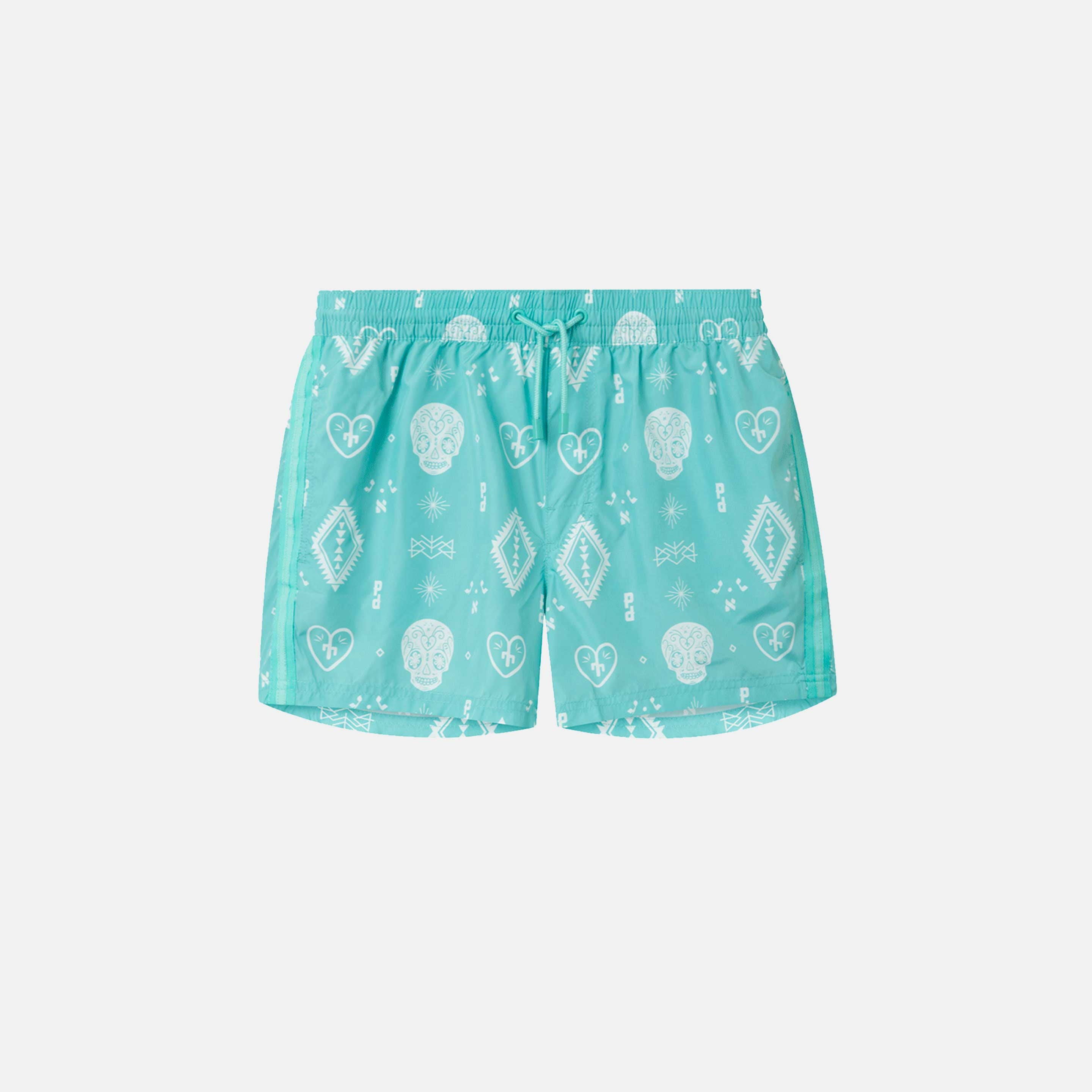 Turqoise blue swim trunks with white print. Mid length with drawstring and two side pockets.