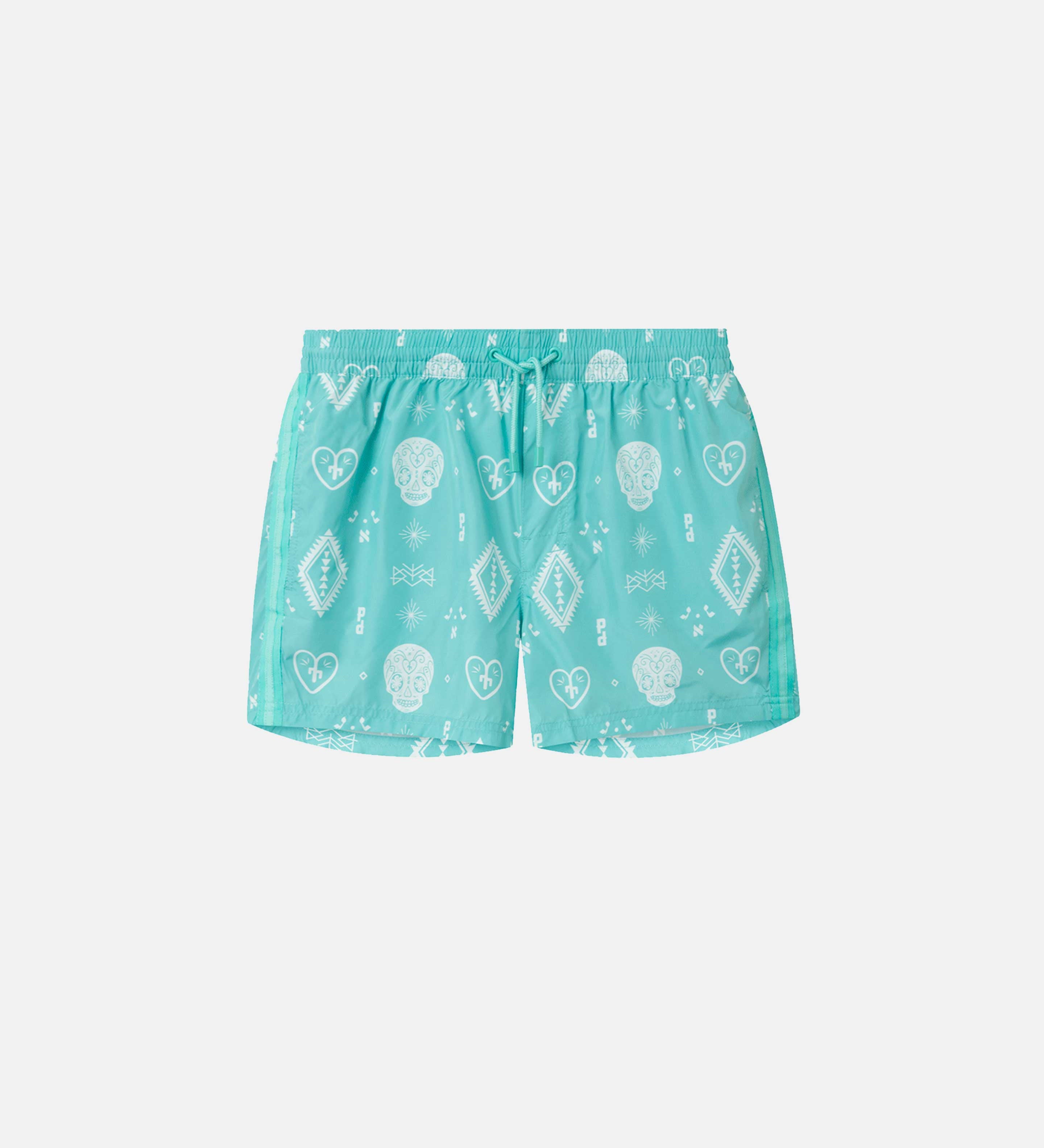 Turqoise blue swim trunks with white print. Mid length with drawstring and two side pockets.