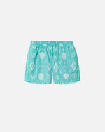 Turqoise blue swim trunks with white print. Mid length with drawstring and two side pockets.