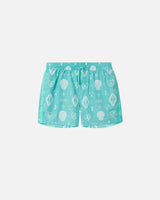 Turqoise blue swim trunks with white print. Mid length with drawstring and two side pockets.