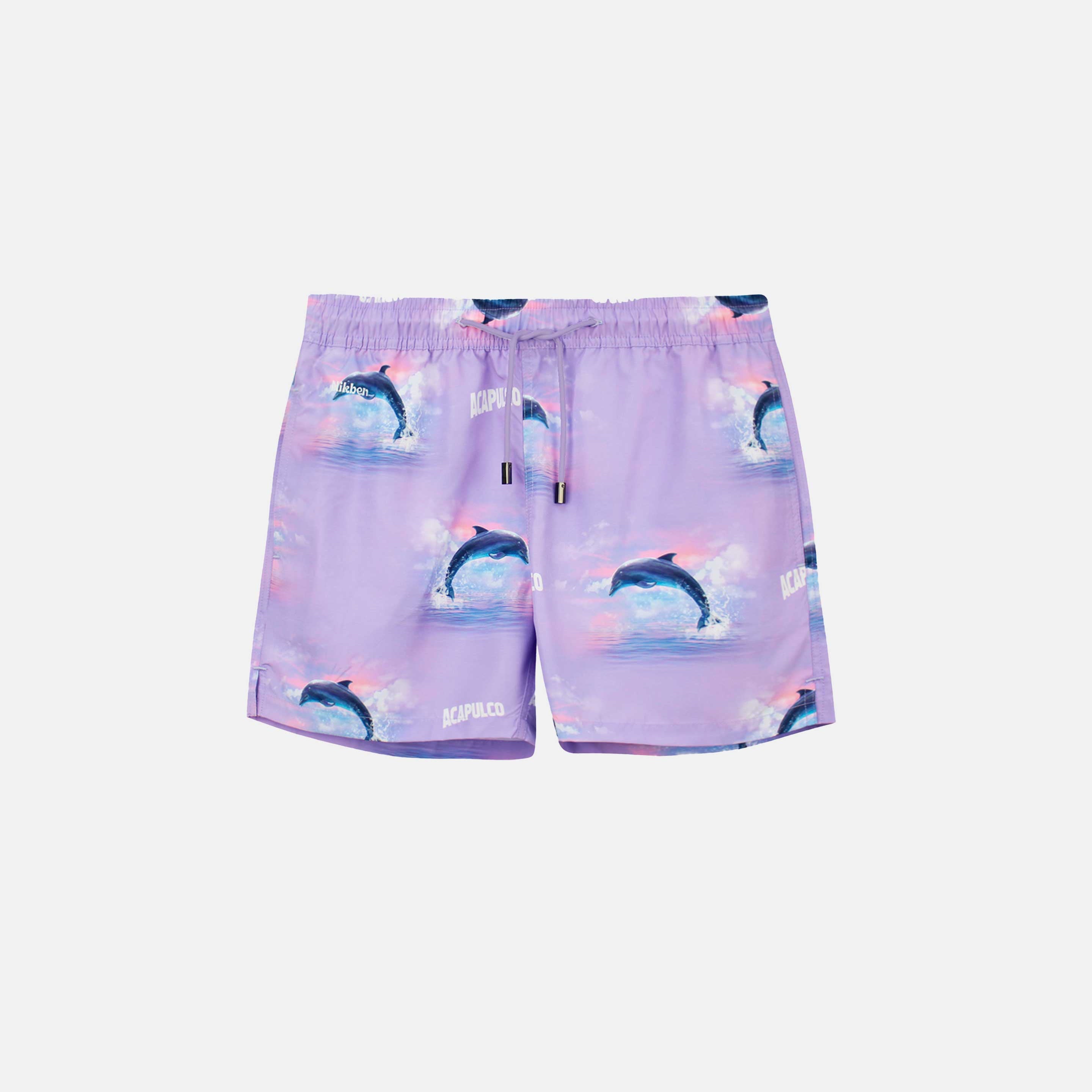 Purple swim trunks with dolphin print. Mid length shorts with drawstring waistband and two side pockets.
