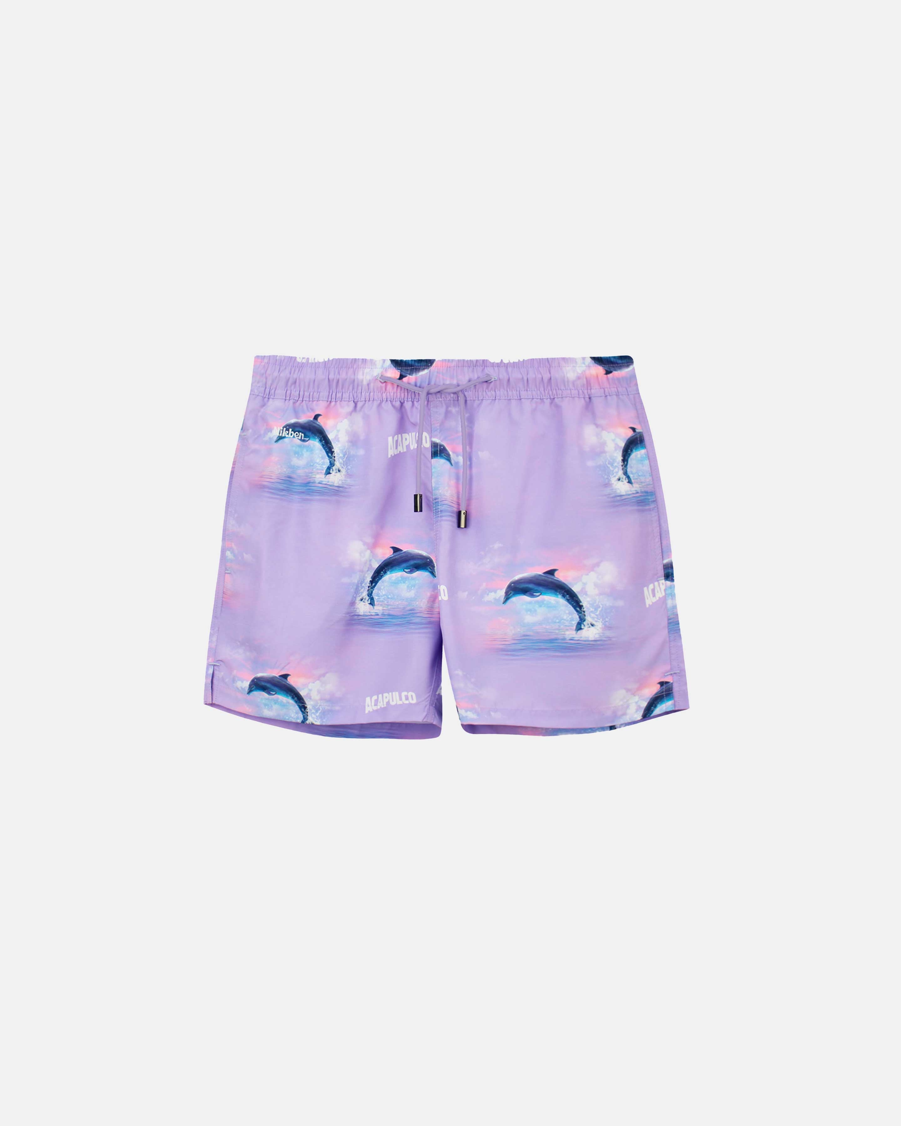 Purple swim trunks with dolphin print. Mid length shorts with drawstring waistband and two side pockets.