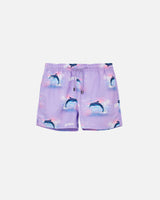 Purple swim trunks with dolphin print. Mid length shorts with drawstring waistband and two side pockets.