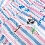 Close up of blue-pink-white striped printed kids swim trunks