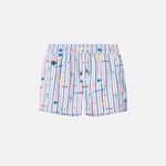 Striped printed swim trunks. Mid length shorts with drawstring waistband and two side pockets.