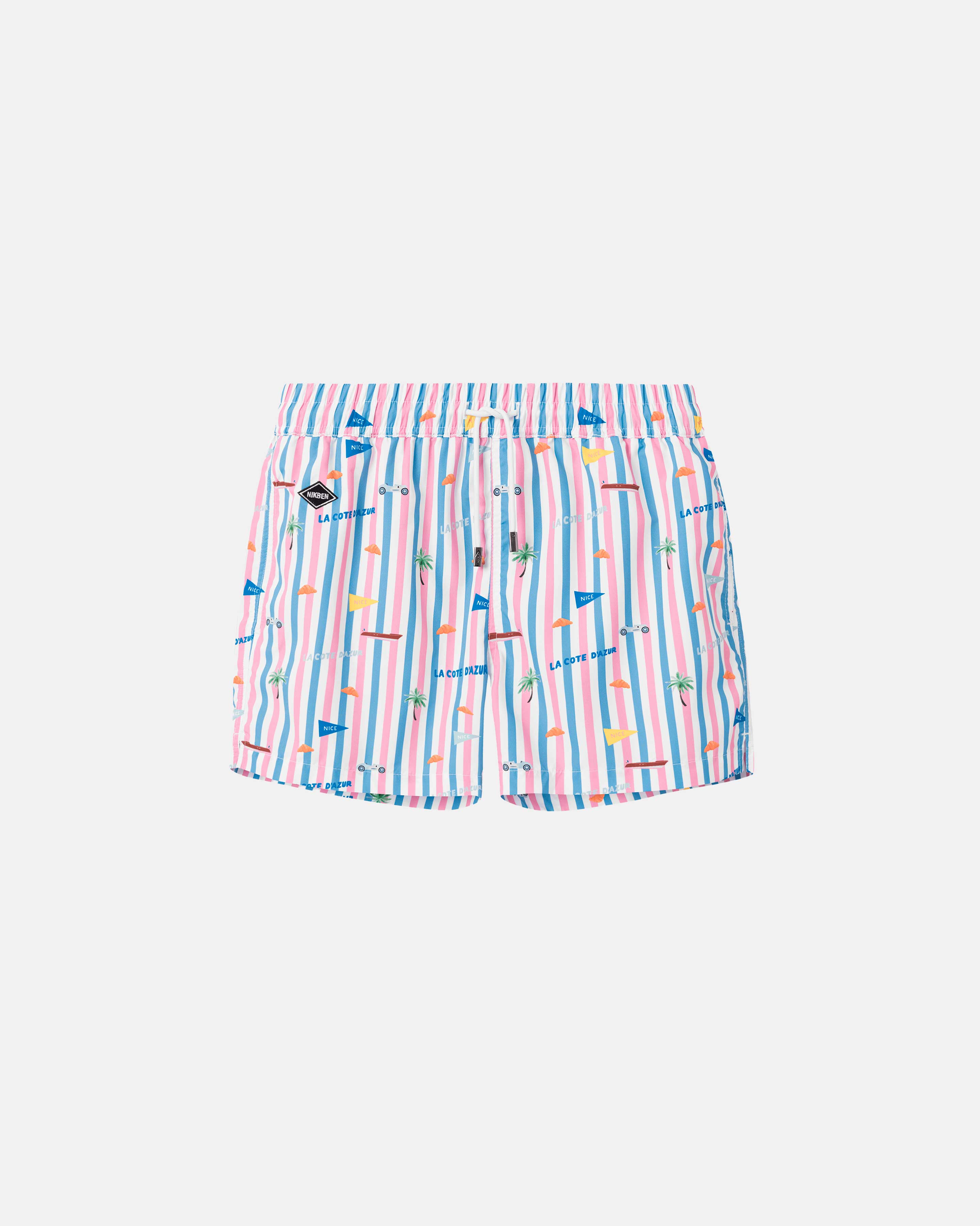 Striped printed swim trunks. Mid length shorts with drawstring waistband and two side pockets.