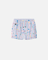 Striped printed swim trunks. Mid length shorts with drawstring waistband and two side pockets.