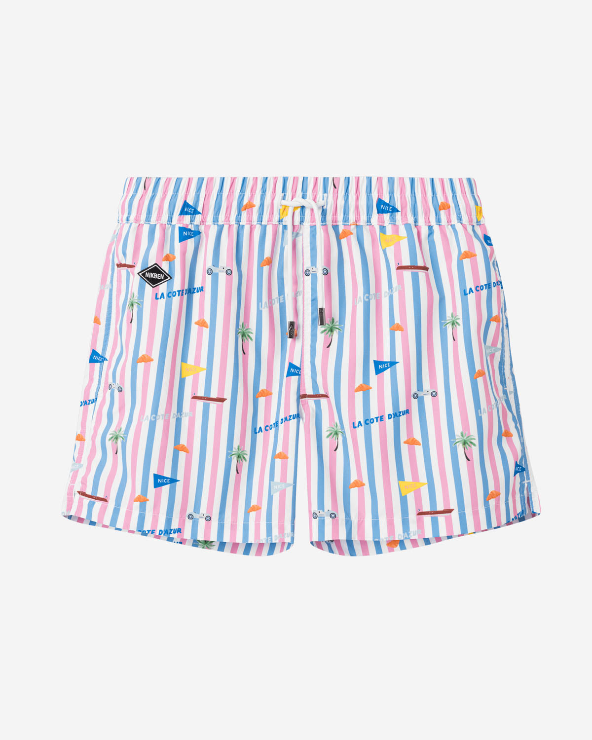 Blue-pink-white striped printed kids swim trunks