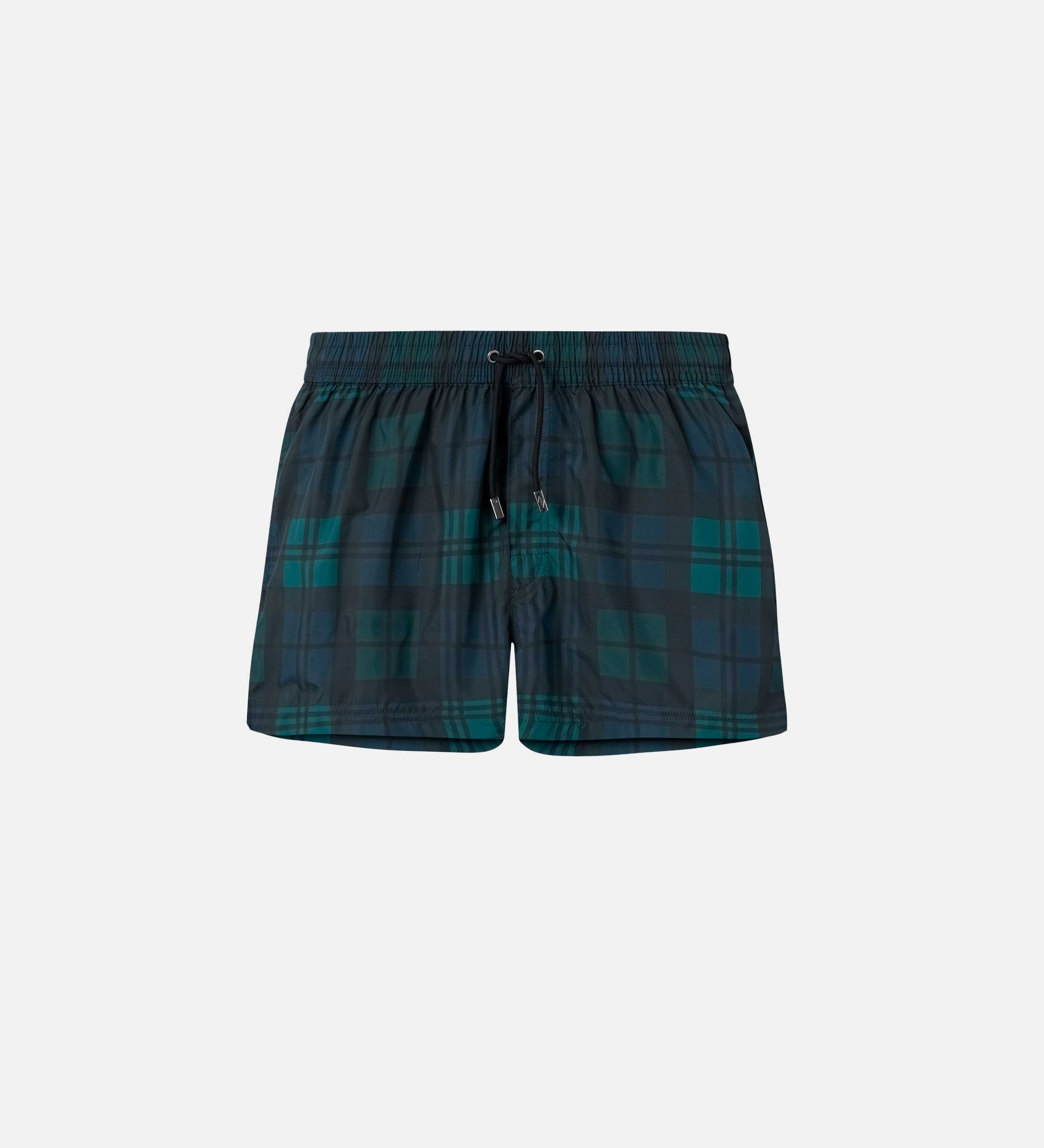 Blue-green checked swim trunks. Mid length shorts with drawstring waistband and two side pockets.