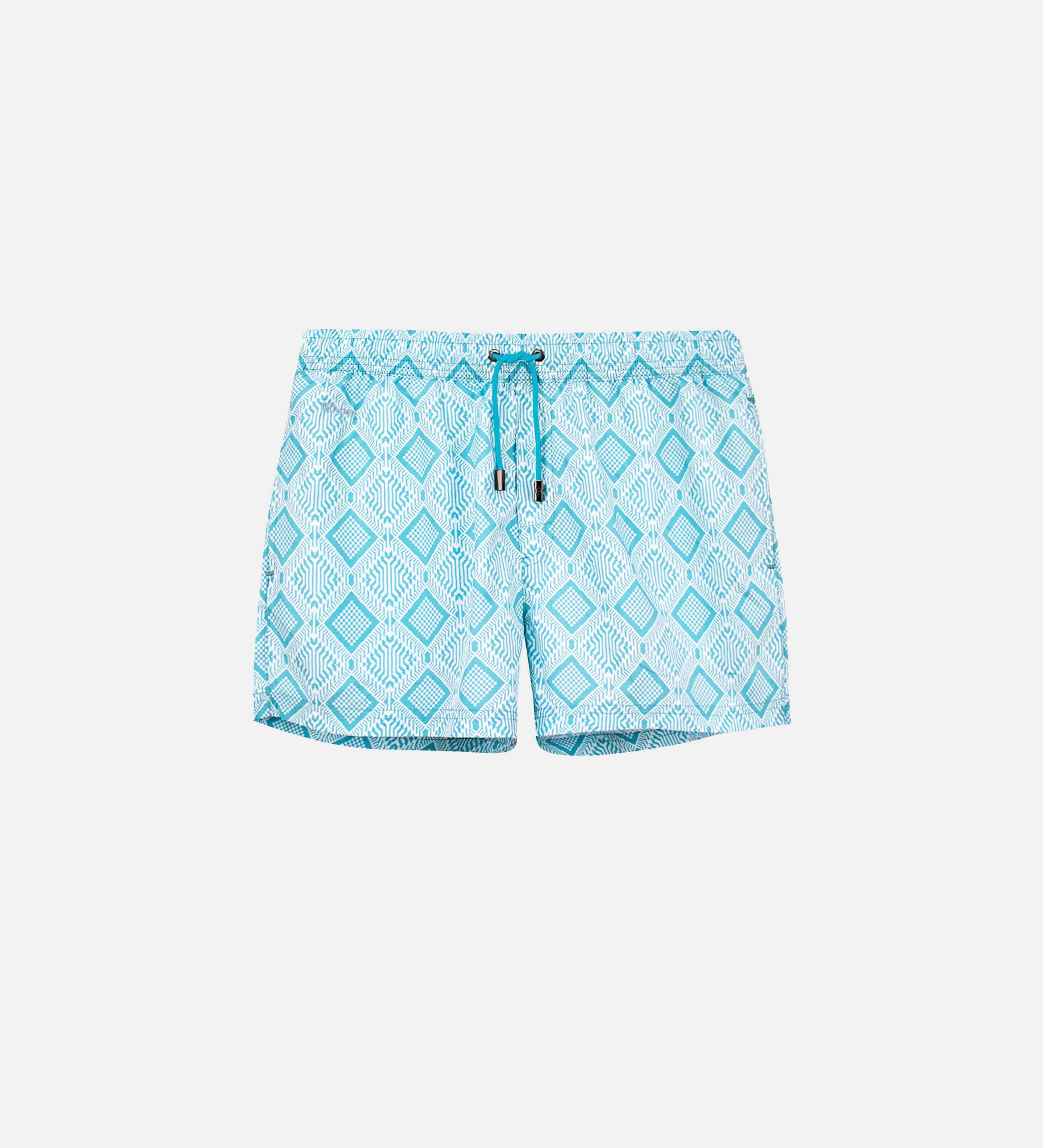 Light blue printed swim trunks with logo and drawstring