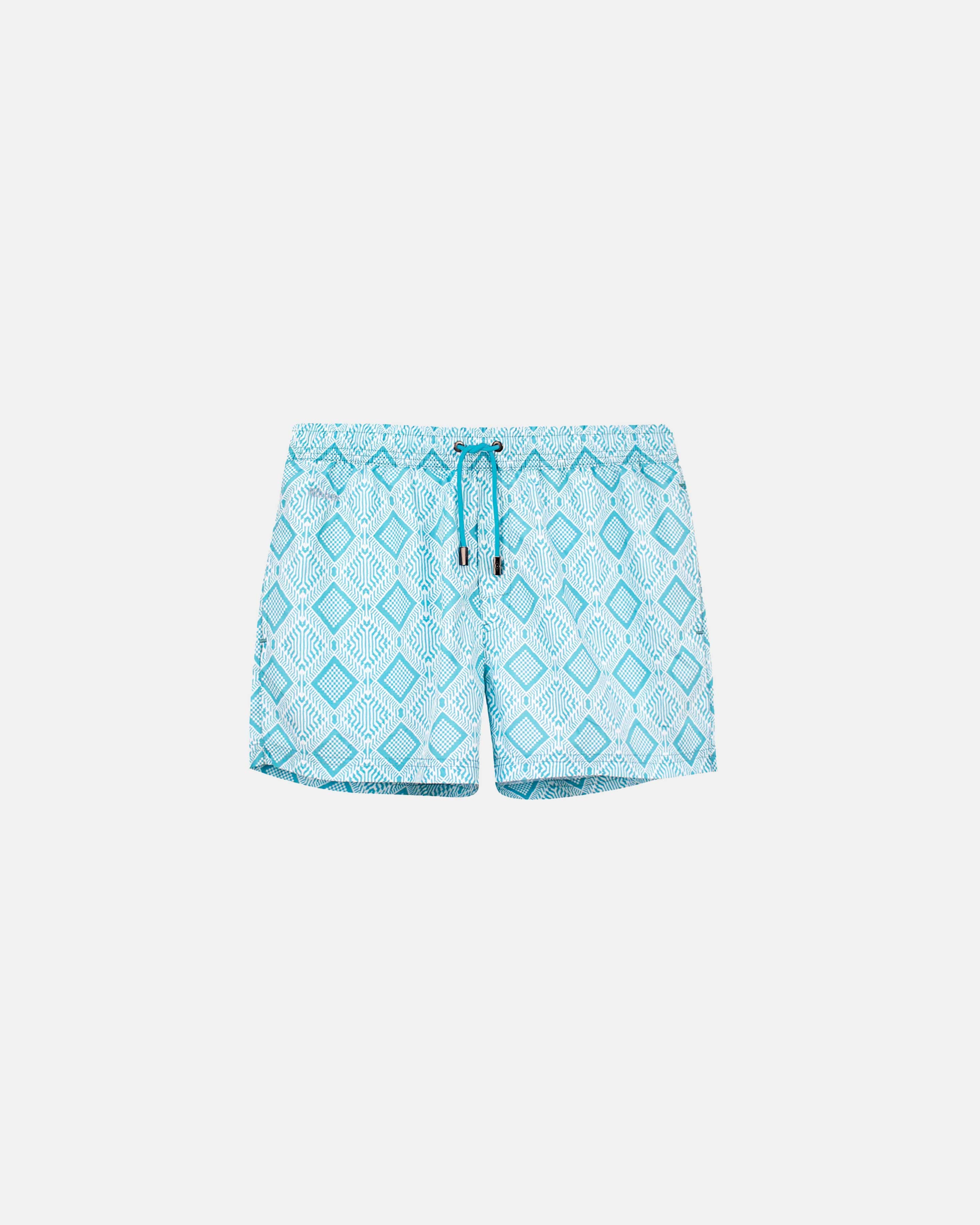Light blue printed swim trunks with logo and drawstring